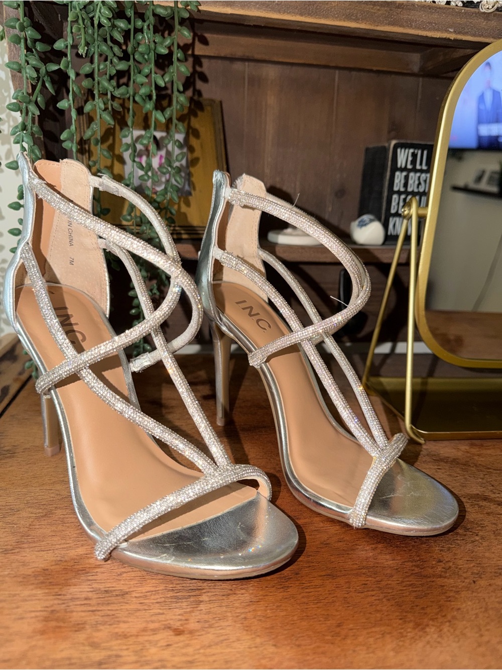 INC International Concepts Silver Rhinestone Strappy Heels 4” heel